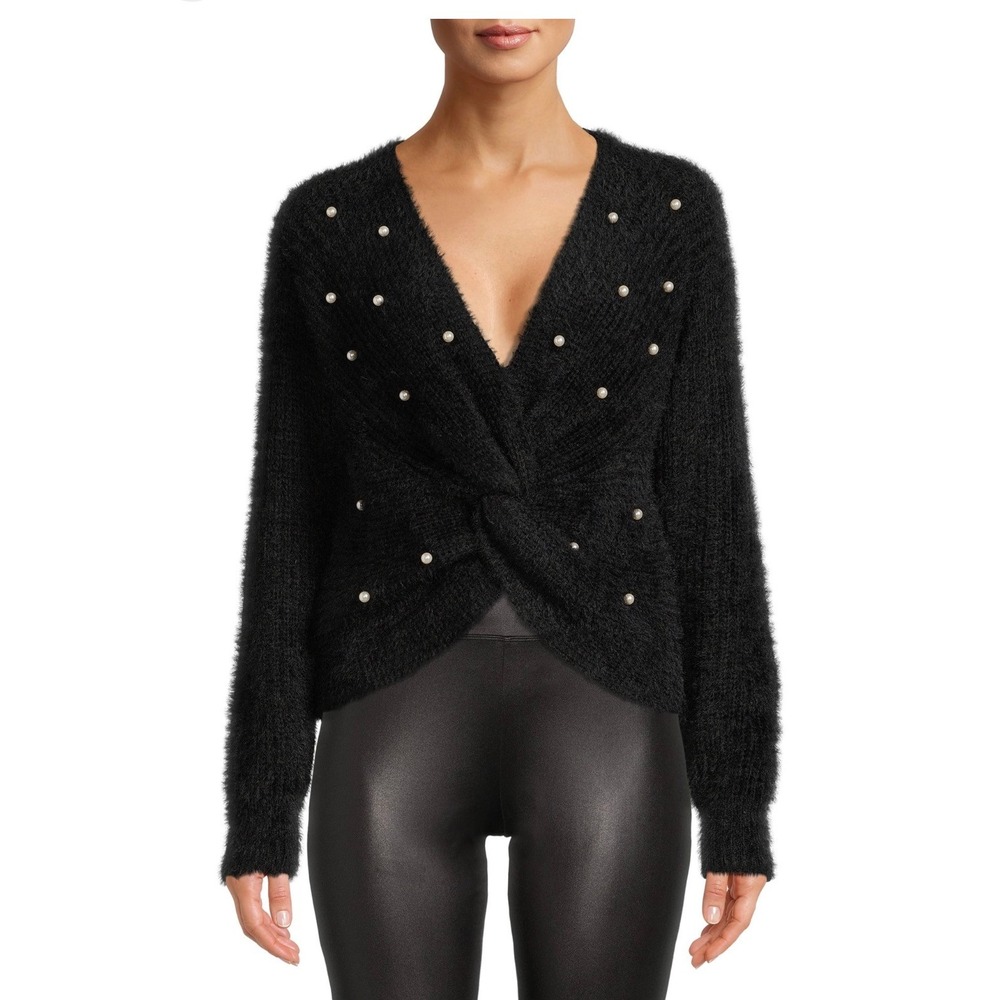Twist Front Sweater Women Small Black Faux Pearl Embellished V-Neck